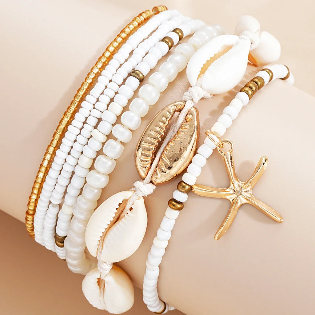 7pcs/set Bohemian Holiday Wind Shell Beaded Woven Bracelet Starfish Rice Beads Women's Bracelet Set Beach Party Seaside Holiday Vera Lux