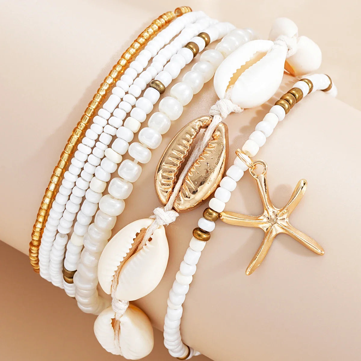 7pcs/set Bohemian Holiday Wind Shell Beaded Woven Bracelet Starfish Rice Beads Women's Bracelet Set Beach Party Seaside Holiday Vera Lux