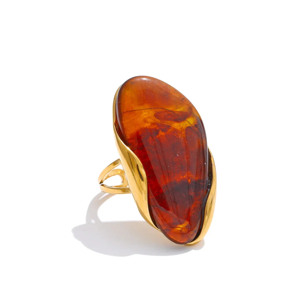 Yhpup New Design Brown Green Beige Resin Geometric Adjustable Ring Golden PVD Stainless Steel Rust Proof Finger Jewelry Gift Vera Lux