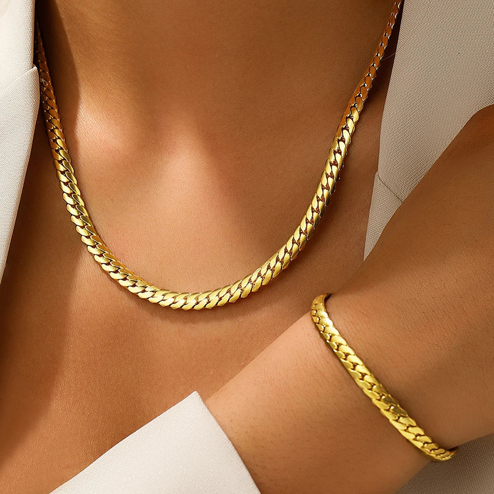 Aomogo Stainless Steel Simple Flat Cuban Chain Bracelet Necklace Jewelry Set 18k Gold Plated Fashion Thick Chain Fashion Jewelry Vera Lux