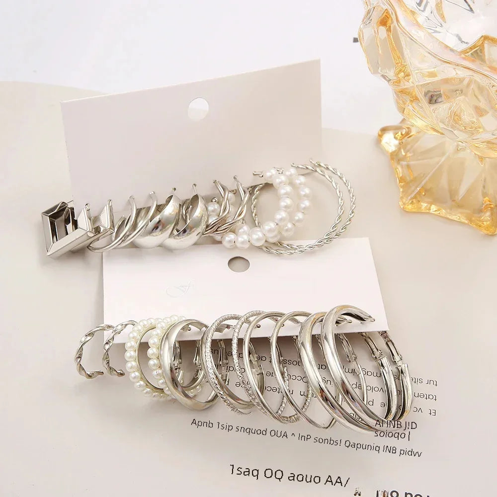 24 Pcs Vintage Silver Color Y2K Pearl Earrings for Women Geometry Round Circle Square Hoop Earring Set Fashion Female Jewelry Vera Lux