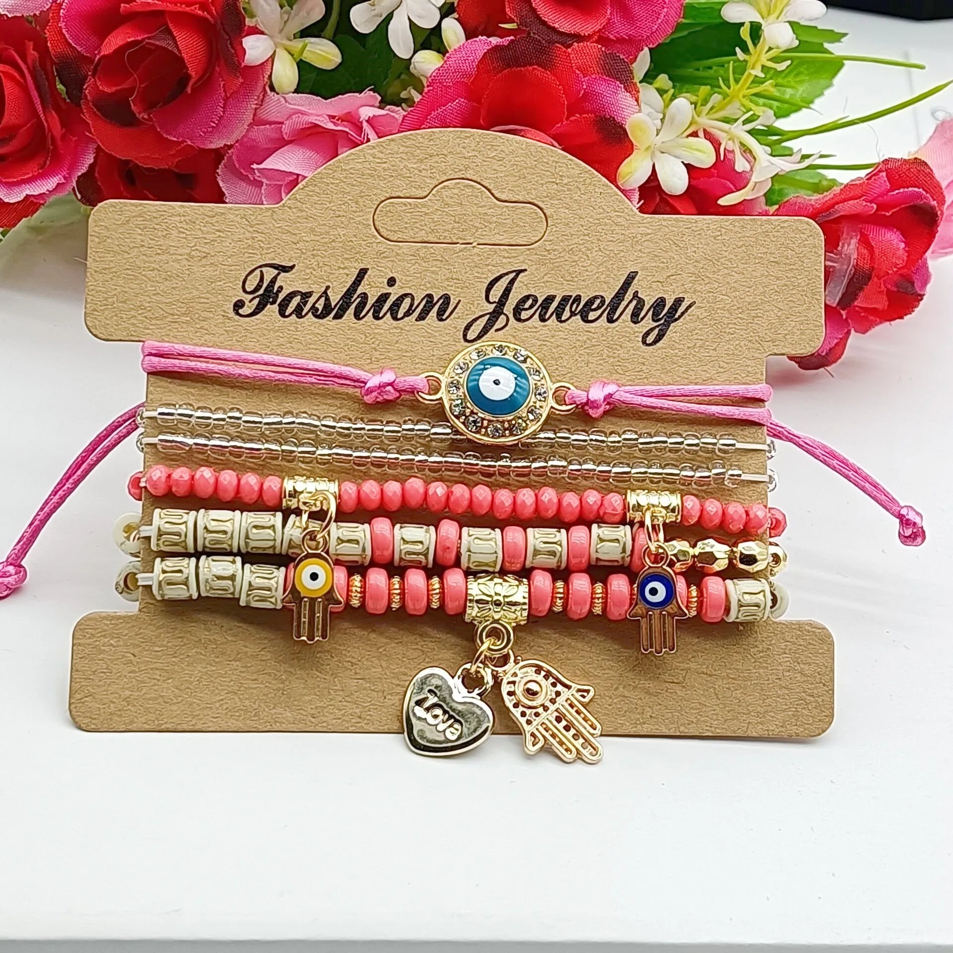 6Pcs Fatima Hand Evil Eye Bracelet Set For Women Heart Charm Beads Rope Chain Bangle Female Bohemian Handmade Jewelry Vera Lux
