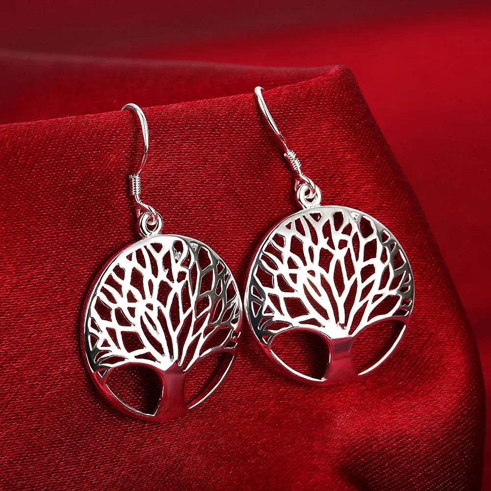 925 Sterling Silver Fine Retro Round Tree Pendant Necklace Earrings Sets For Woman Fashion Party Wedding Jewelry Set Gifts Vera Lux