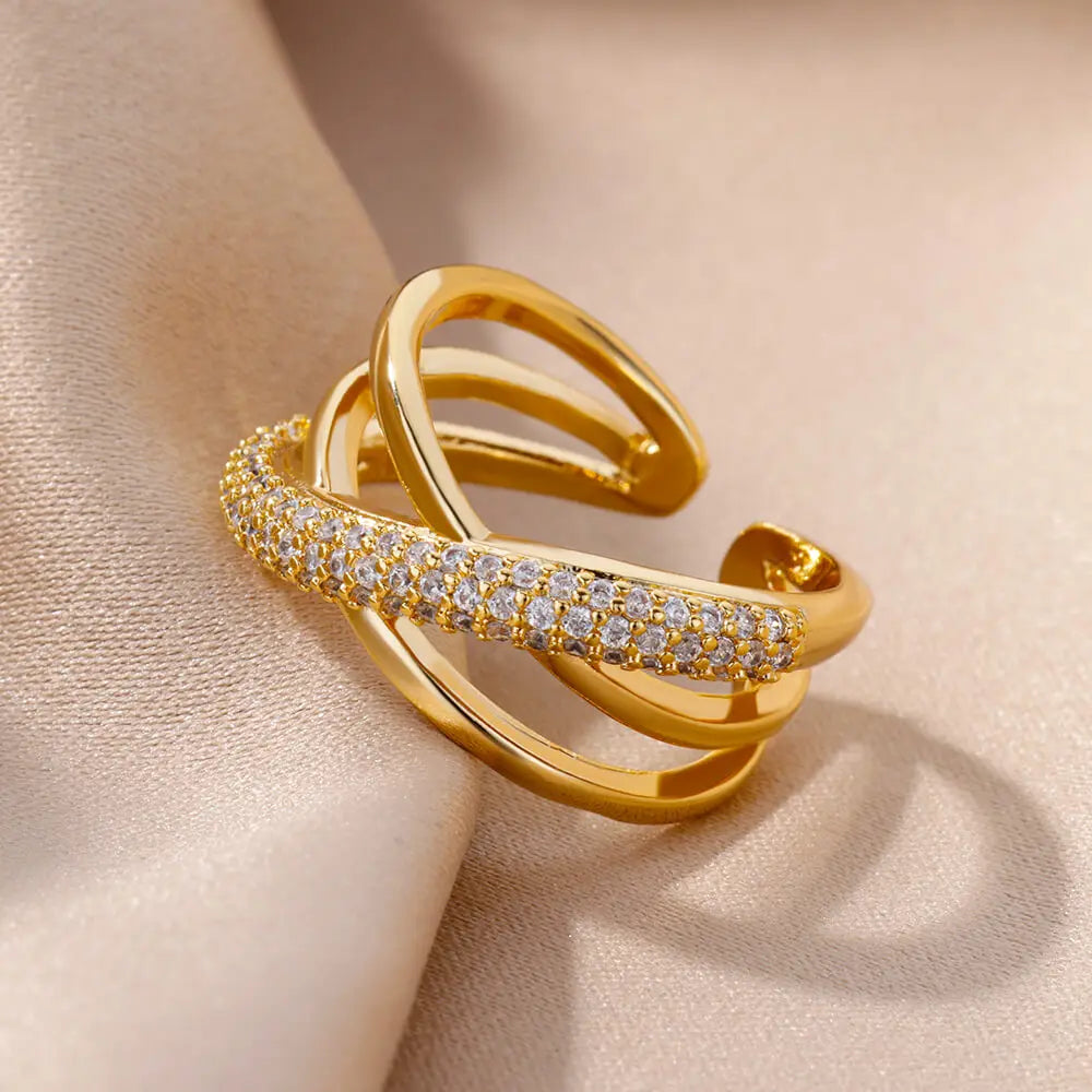 Fashion Gold Color Stainless Steel Rings For Women Chain Hollow Out Crystal Zircon Finger Ring Jewelry 2023 Gift anillos mujer Vera Lux