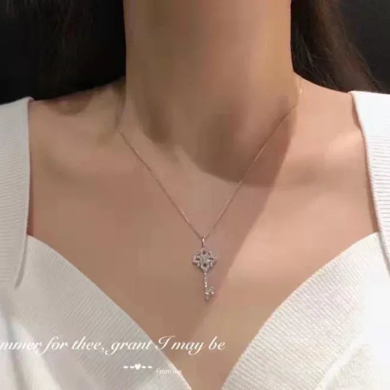 925 Sterling Silver Pave Crystal Vintage Key Pendant 14k Gold Plating Necklace Women Light Luxury Temperament Dress Jewelry Femstylo