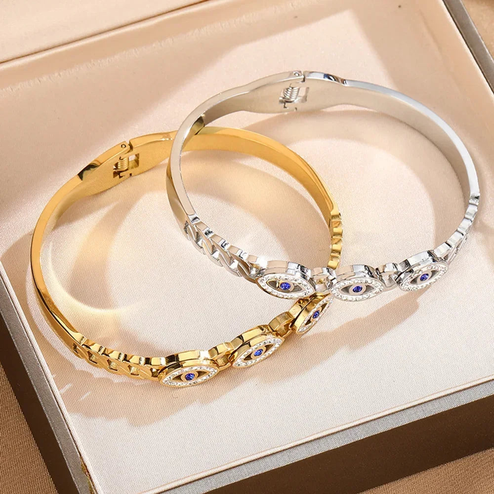 Fashion Stainless Steel Bracelet For Women Men Evil Eye Cuff Bangles Gold Plated Spring Buckle Lucky Amulet Jewelry Accessories Vera Lux