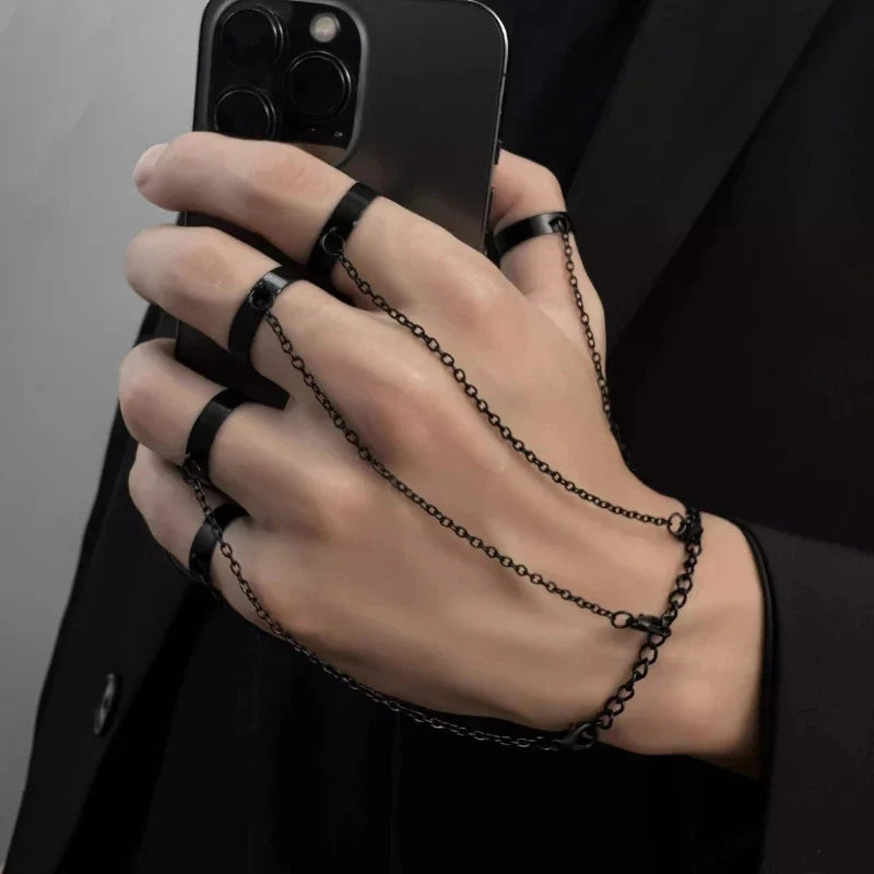 Punk Geometric Black Color Chain Wrist Bracelet Ring For Women Men Open Ring Silver Link Chain Girls Cool Design Fashion Jewelry Vera Lux
