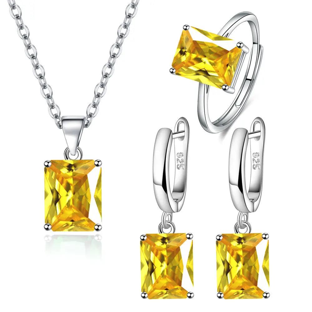 925 Sterling Silver  Elegant Jewelry Sets Ring Earrings Necklace For Women Rectangle Geometry Zircon Wedding Accessories Vera Lux