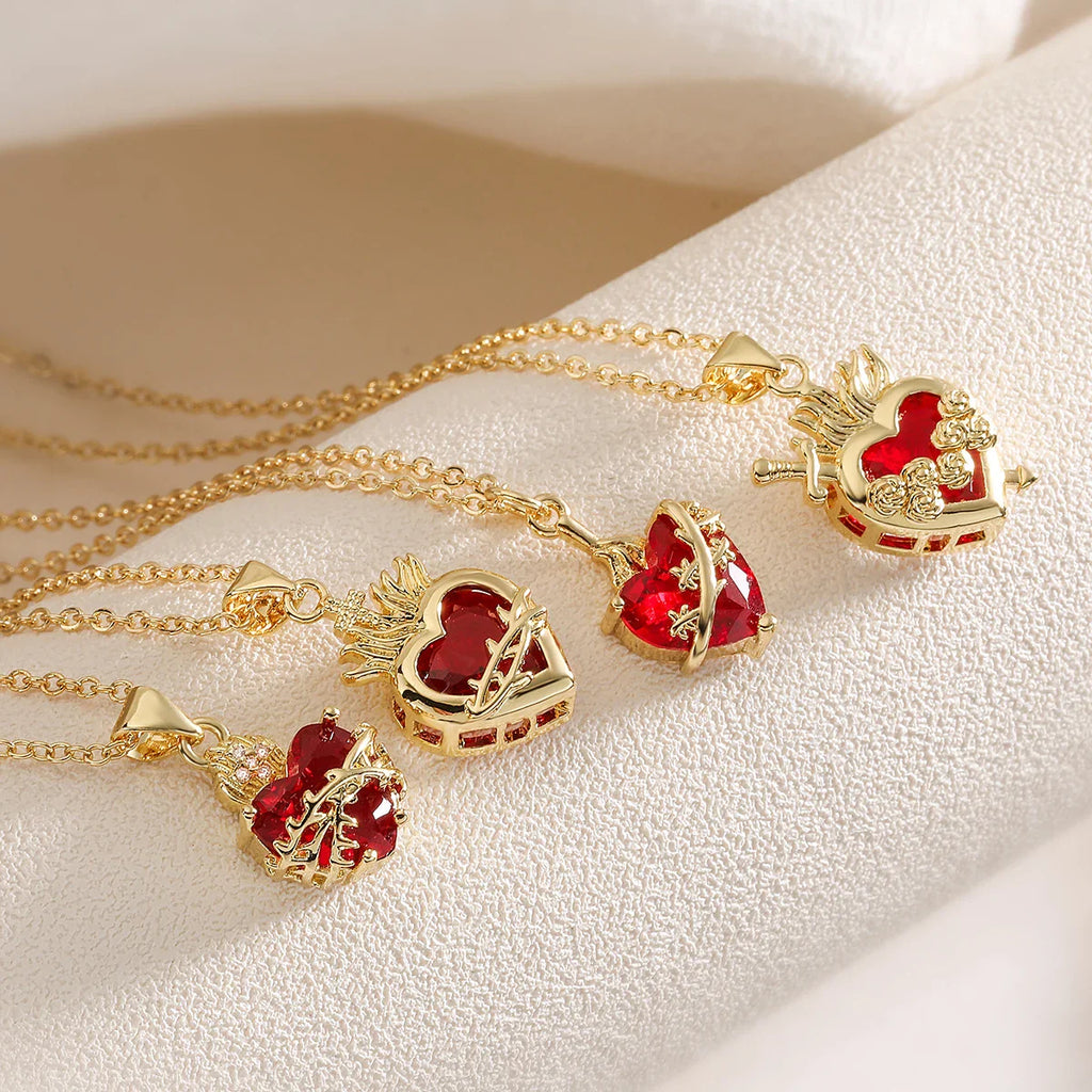NEWBUY Fashion Gold Color Chain Red Crystal Heart Pendant Necklaces For Women Bling Bling Jewelry Vera Lux