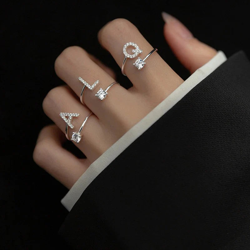 LATS Zircon Initial A-Z Letter Rings for Women Girl Adjustable Opening Ring Name Alphabet Female Wedding Fashion Jewelry Gift Vera Lux