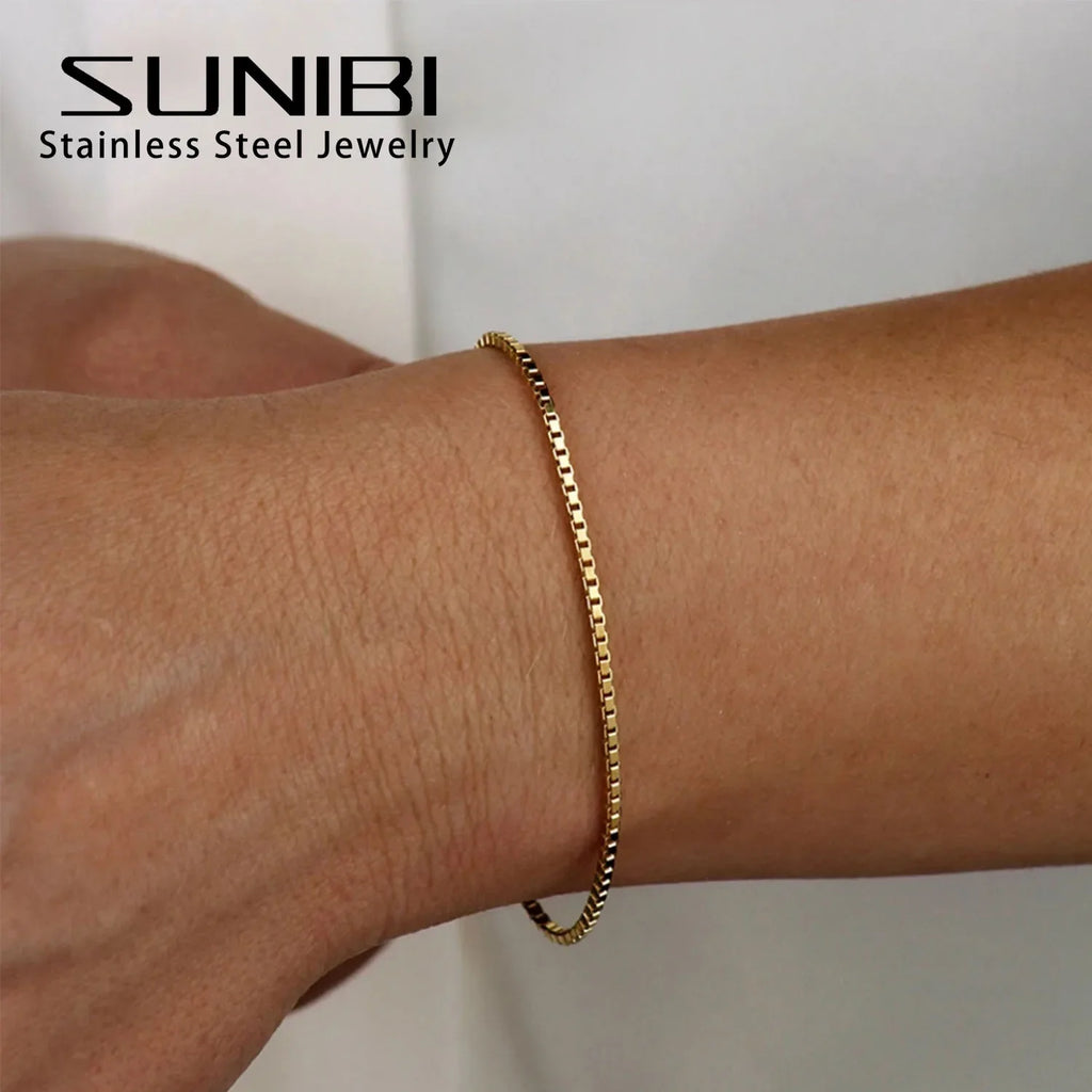 SUNIBI 2MM Simple Box Chain Bracelets for Women Gold Color Stainless Steel Classic Bracelet Minimalism Gifts Jewelry Wholesale Vera Lux
