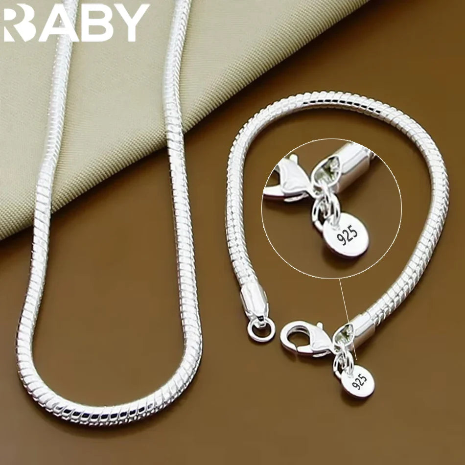 40-60cm 925 sterling Silver solid 3MM Chain Snake Necklace Bracelet Fashion Jewelry For Women Men Sets  Charm Wedding Vera Lux