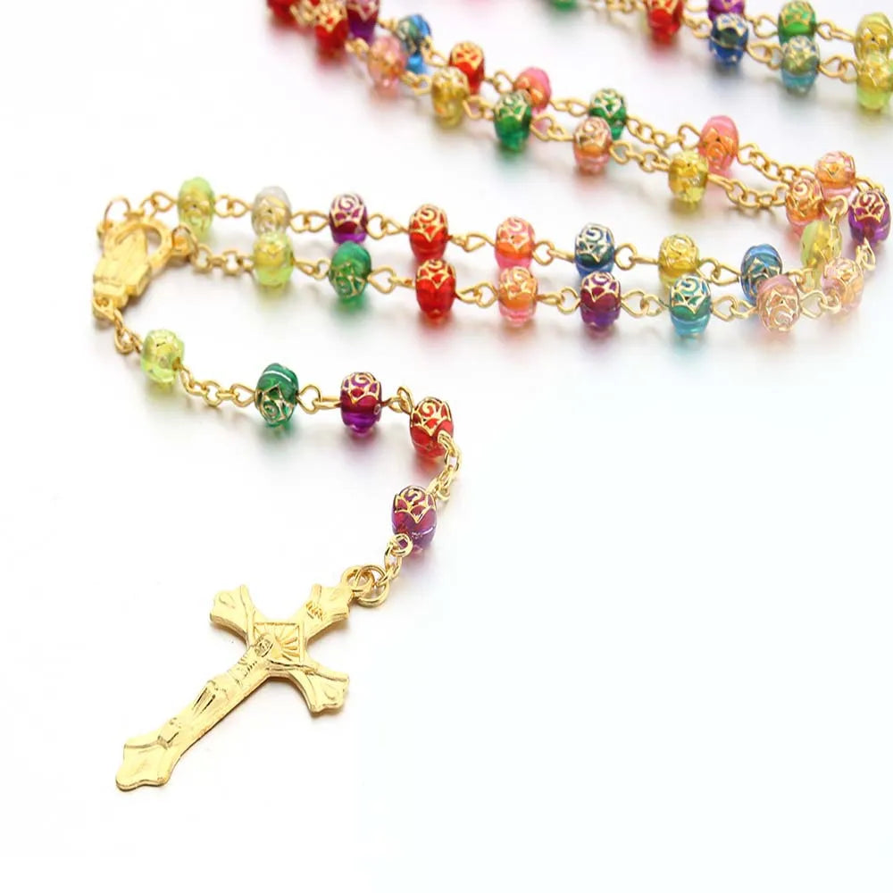 Catholic Rosary Bead Necklace For Women Gold Color Long Chain Crucifix Cross Pendant Female Religious Prayer Jewelry Vera Lux