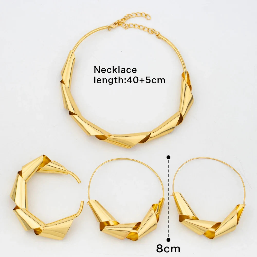 Luxury Gold Plated Dubai Jewelry Set For Women African Copper Twist Bold Design Earrings Necklace Bracelet Quality Jewelry Gift Vera Lux
