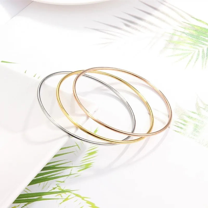 55mm/60mm/65mm Stainless Steel 2mm Thin Plain Polished Slip On Bangle Bracelet for Women Girl Vera Lux