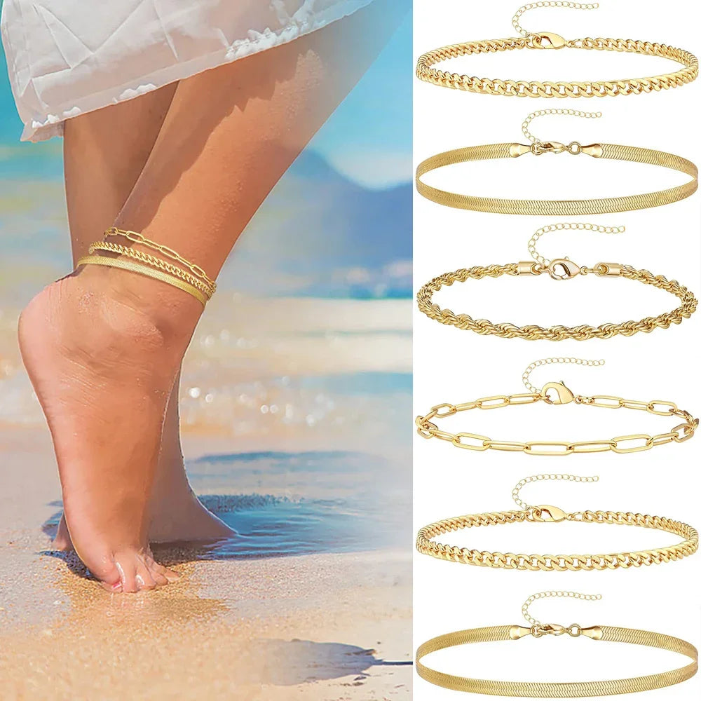 3Pcs Stainless Steel Beach Anklet Set For Women Waterproof Snake Twisted Rope Chain On Foot Jewelry Girls Summer Ankle Bracelet Vera Lux