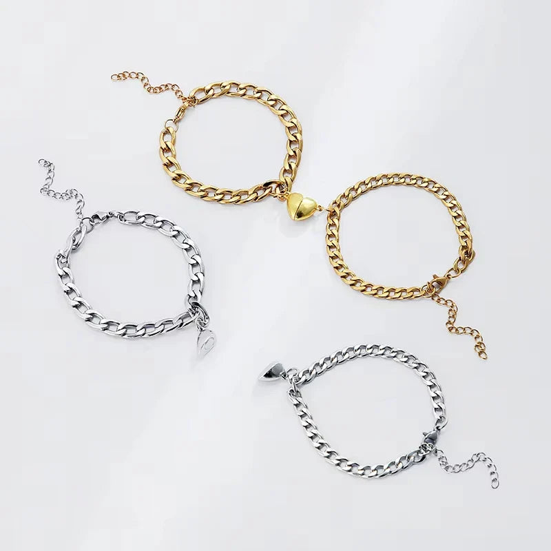 2Pcs/set Magnet Couple Bracelets Heart Attraction Bracelet Stainless Steel Charm Simple Cuban Chains Key Lock Jewelry Gifts Vera Lux