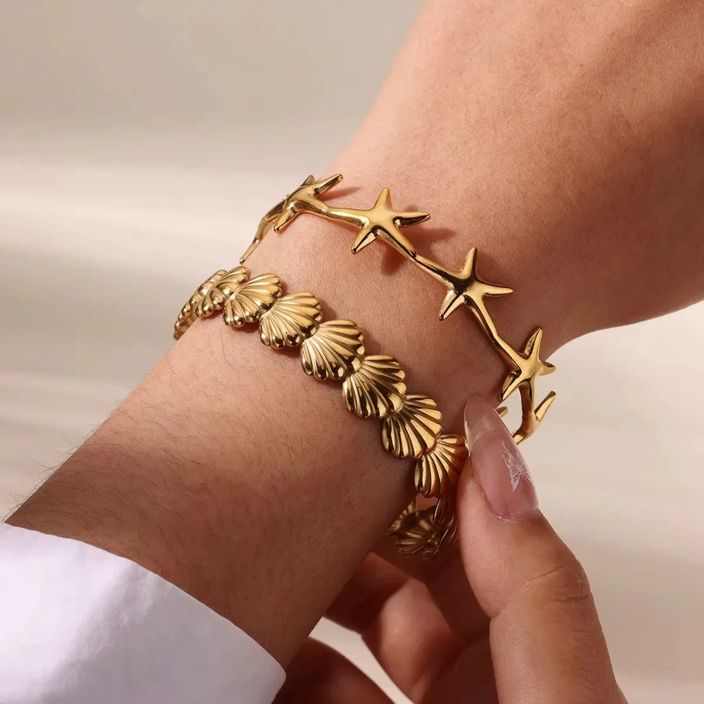 Shell Cuff Bracelets For Women Gold Color Stainless Steel Opening Bracelet Bangles Luxury Brands Summer Beach Wrist Jewelry Gift Vera Lux