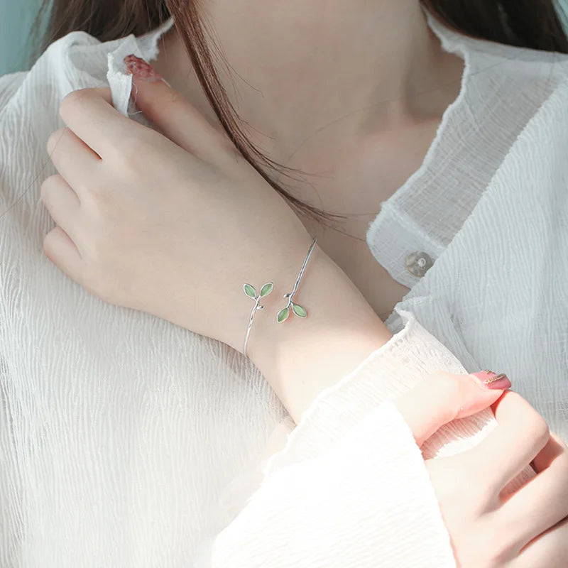 VENTFILLE 925 Stamp Silver Color Bangle for Women Green Opal Leaf Twigs Branch Jewelry Girls' Gift Dropshipping Vera Lux