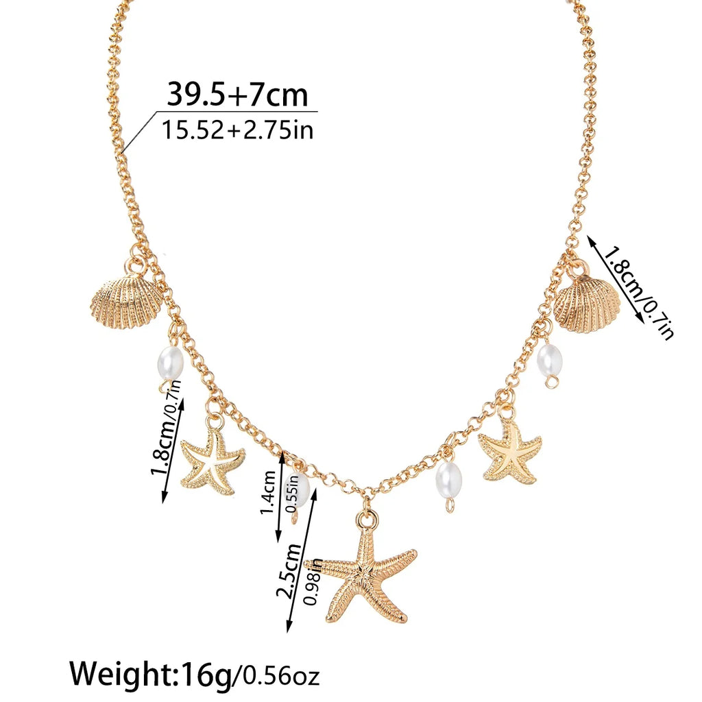 Holiday beach style starfish pendant shell imitation pearl tassel beach element alloy women's necklace Vera Lux