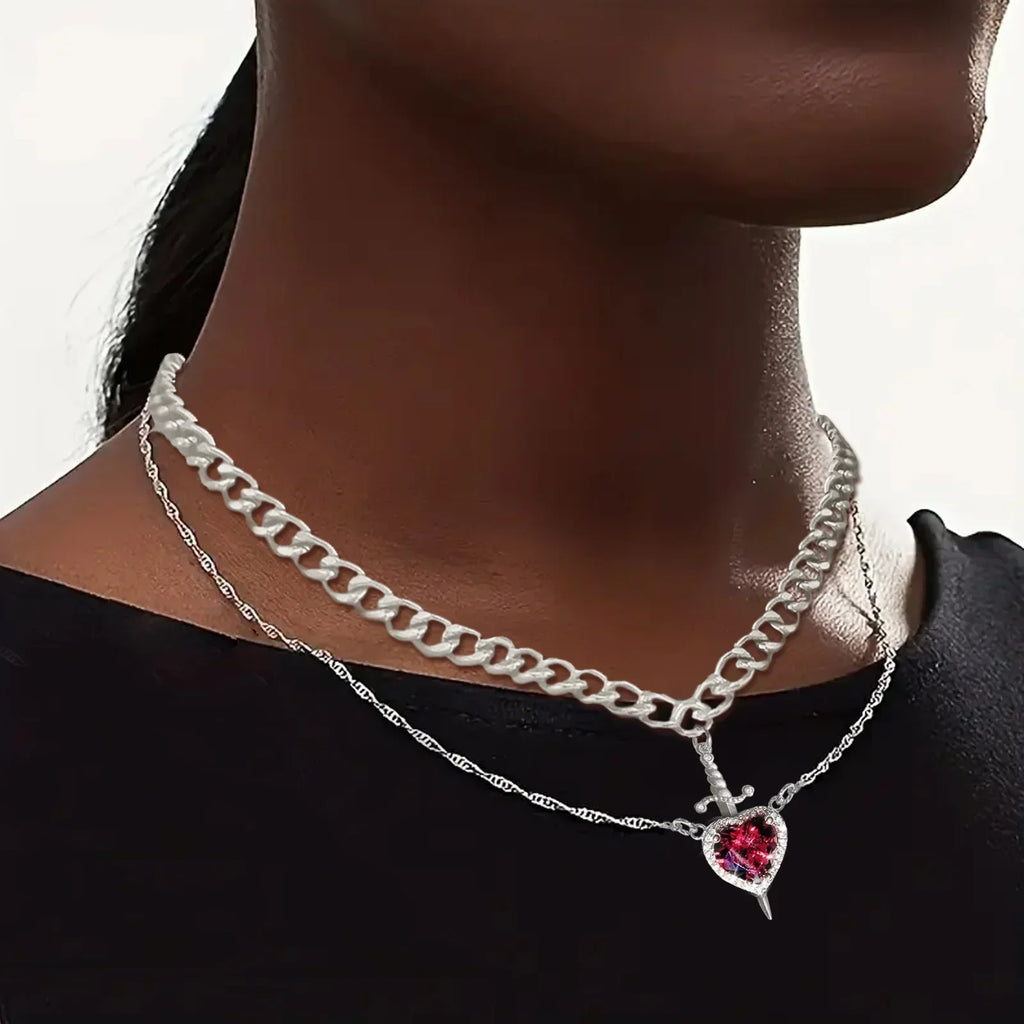 LATS 2pcs Can Be Assembled Heart and Sword Zircon Pendant Necklace for Women Men Couple Silver Gold Plated Choker Chain Jewelry Vera Lux