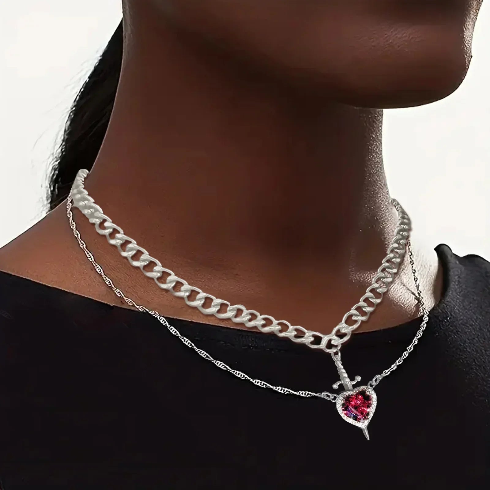 LATS 2pcs Can Be Assembled Heart and Sword Zircon Pendant Necklace for Women Men Couple Silver Gold Plated Choker Chain Jewelry Vera Lux