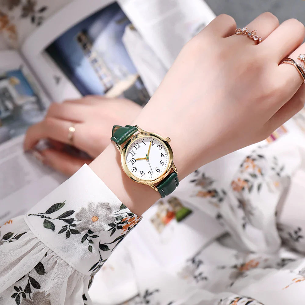 Leisure Fashion Women Quartz Watch Easy to Read Arabic Numerals Simple Dial PU Leather Strap Lady Candy Color Vera Lux