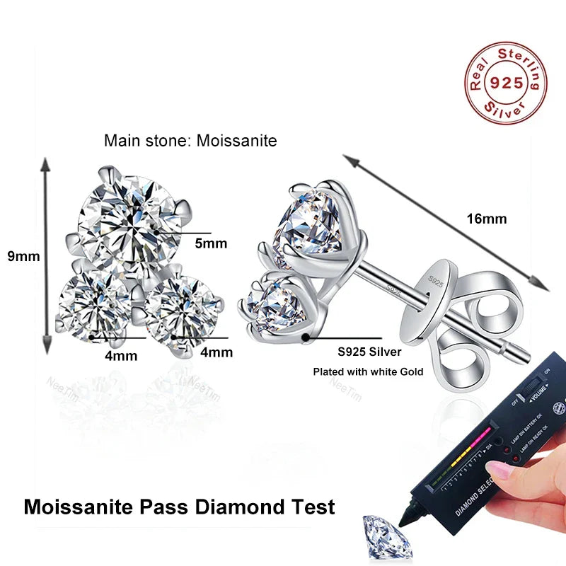 NeeTim All D VVS1 Moissanite Stud Earrings for Woman Wedding Jewely 925 Sterling Sliver with white Gold Plated Studs Earring Vera Lux