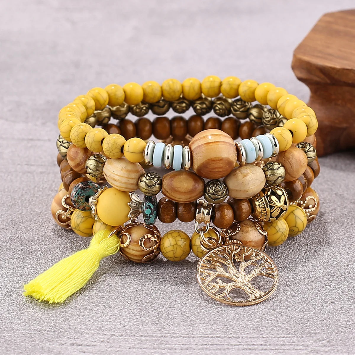 4Pcs Bohemia Tree Of Life Charm Beaded Bracelet Set For Women Handmade Wood Beads Chain Bangle Female Boho Jewelry Vera Lux