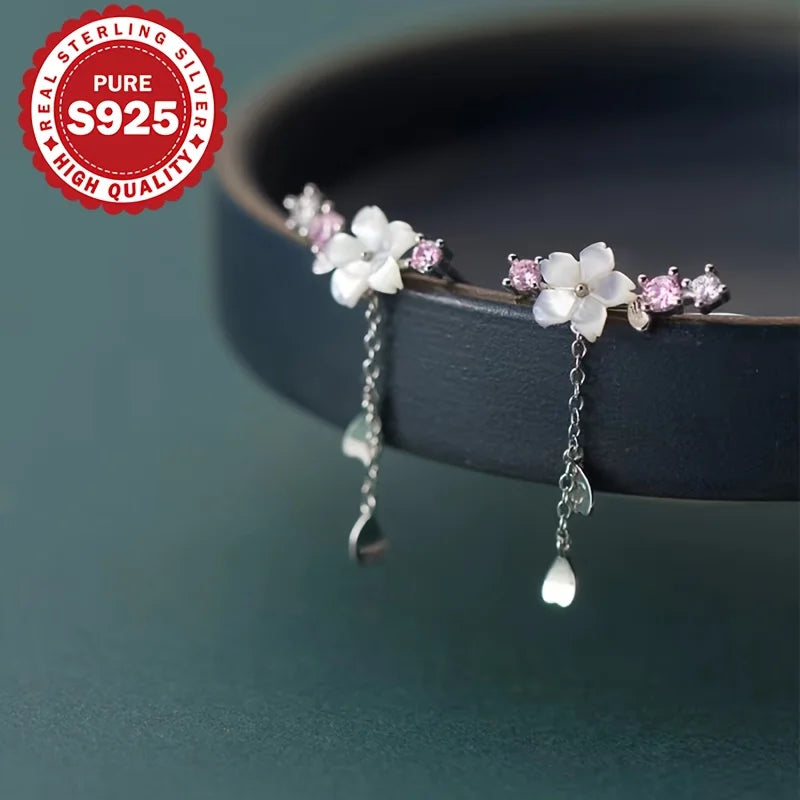 S925 Sterling Silver Sakura Tassel Earrings Cute Elegant Korean Style Versatile Classic Pendant Earring Allergy Free Vera Lux