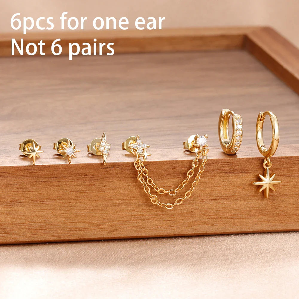 6PCS Fashion Cute Zircon Flower Ear Stud For Women Fashion 18K Gold Plated Star Ear Stud Earring Piercing Girl Set Jewelry Gift Vera Lux