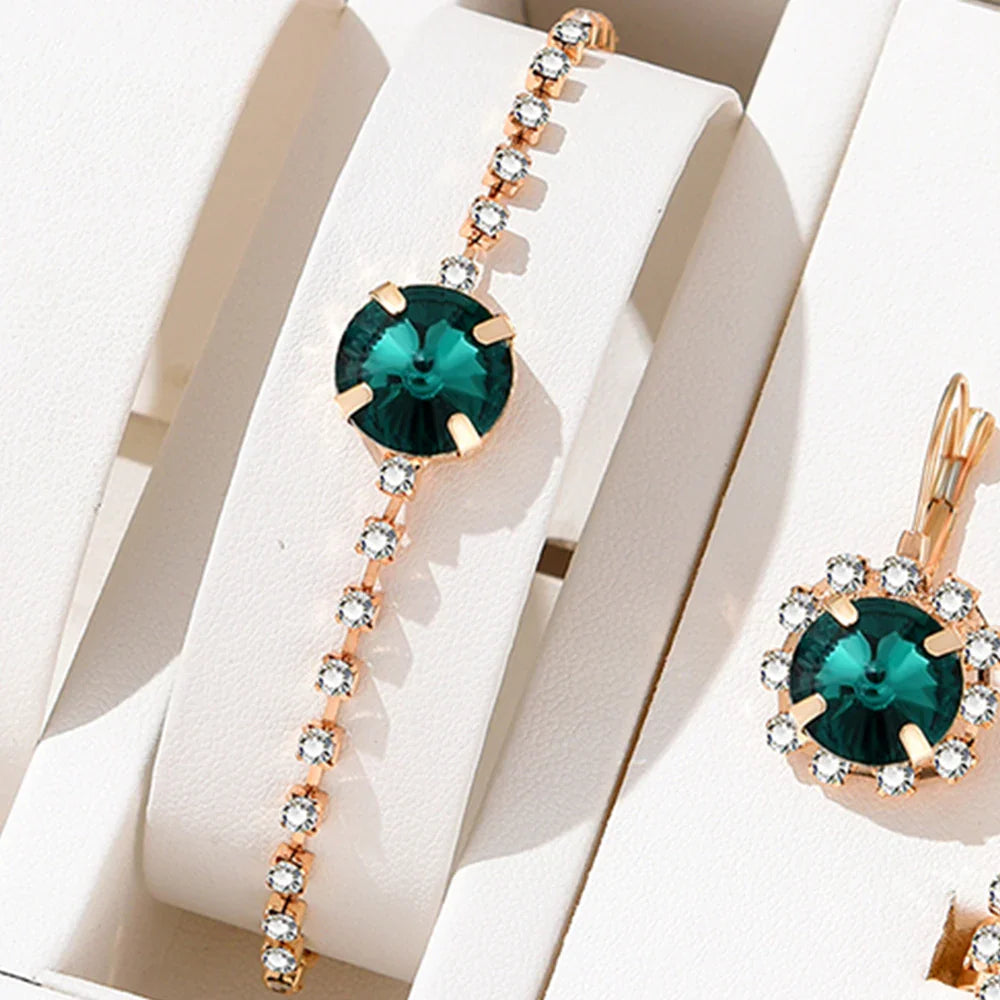 5 Piece Set Women Fashionable Temperament Circular Green Crystal Necklace Bracelet Earring Ring Combination Versatile Exquisite Vera Lux
