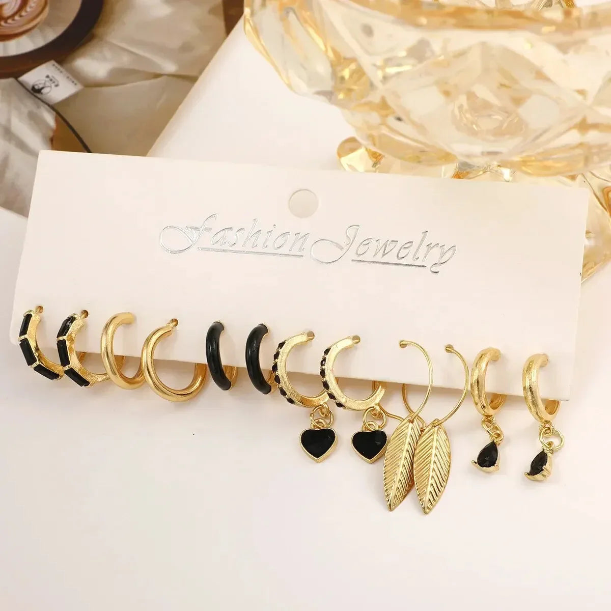 Simple 11 Pcs Black Heart  Leaf Butterfly Earrings Set for Women Fashion Temperament Hoop Earring Holiday Wedding Jewelry Gift Vera Lux
