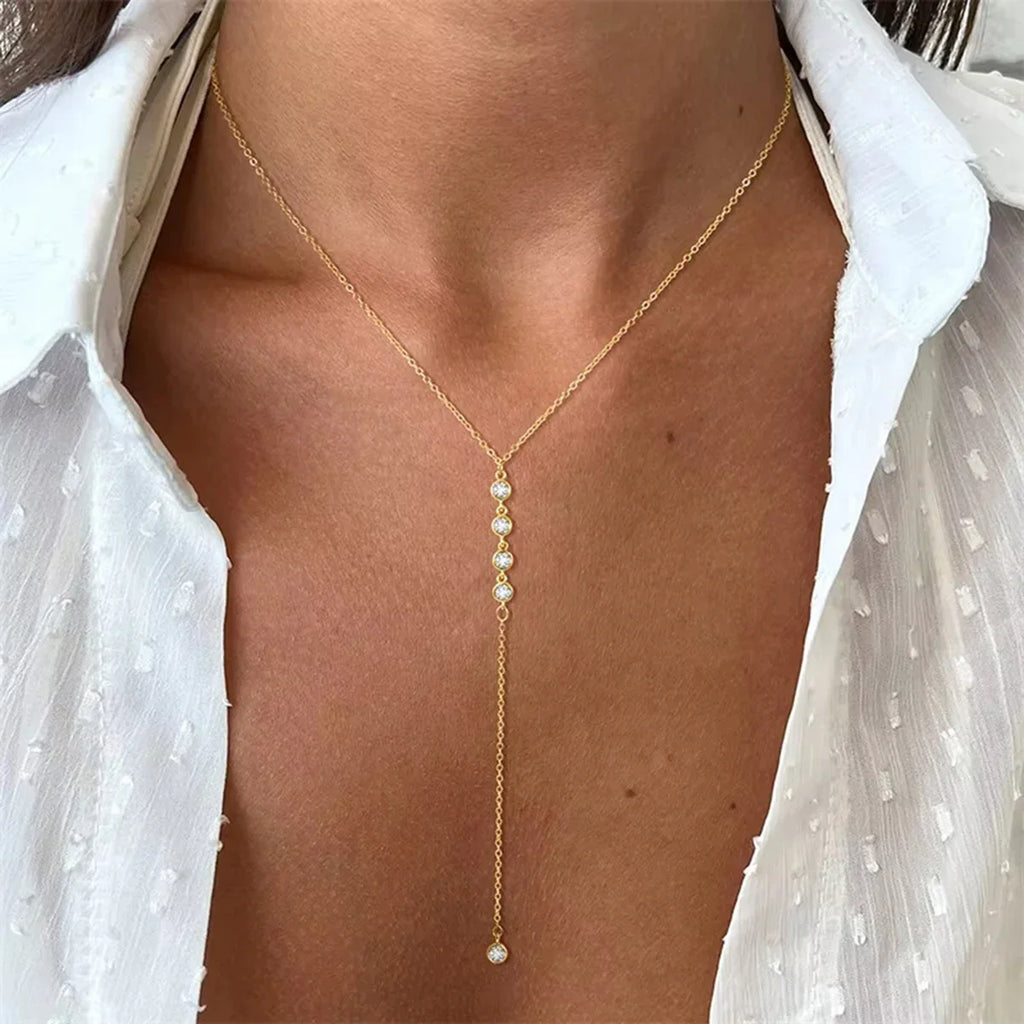 Y2K Simple Zircon Long Tassel Chain Necklaces for Women Metal Geometric Bead Choker Necklace Women's Jewelry Vera Lux