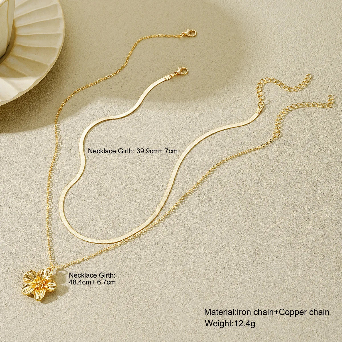 Stainless Steel Golden Flower Pendant Double layer Necklace Flat Snake Chain Lady New Waterproof Fashion Jewelry Vera Lux