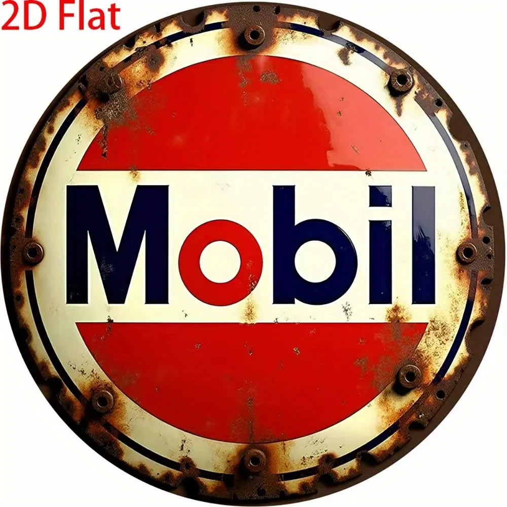 2D Flat 1pc Round - Retro Aluminum Tin Sign - Vintage "Mobil" Gasoline Plaque, 8x8 Inch, Rustic Wall Art for Home Perfecsy
