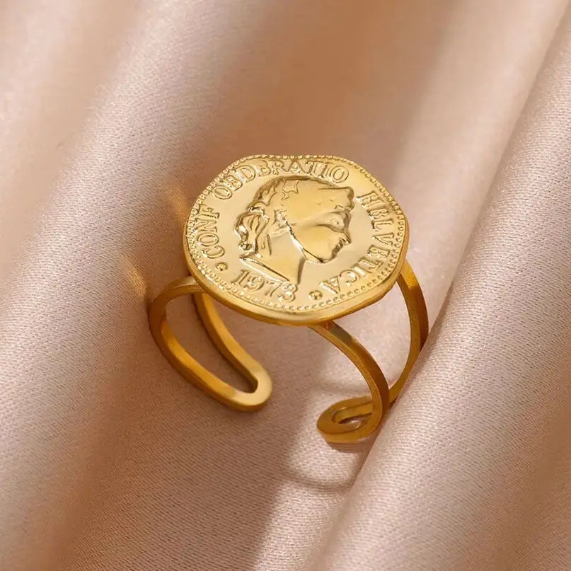Stainless Steel Round Portrait Open Rings For Women Gold Color Adjustable Wedding Aesthetic Ring Party Fashion Jewerly Gift BFF Vera Lux