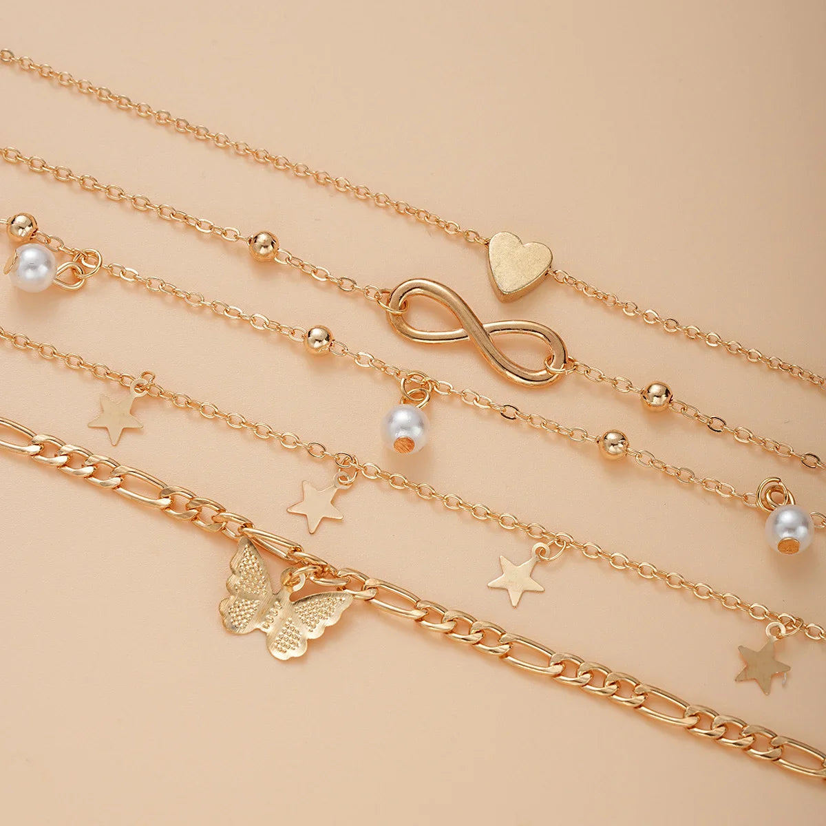 5Pcs Retro Multilayer Tassel Anklet Set for Women Bohemia Vintage Pearl Butterfly Star Heart Pendant Foot Bracelet Beach Jewelry Vera Lux