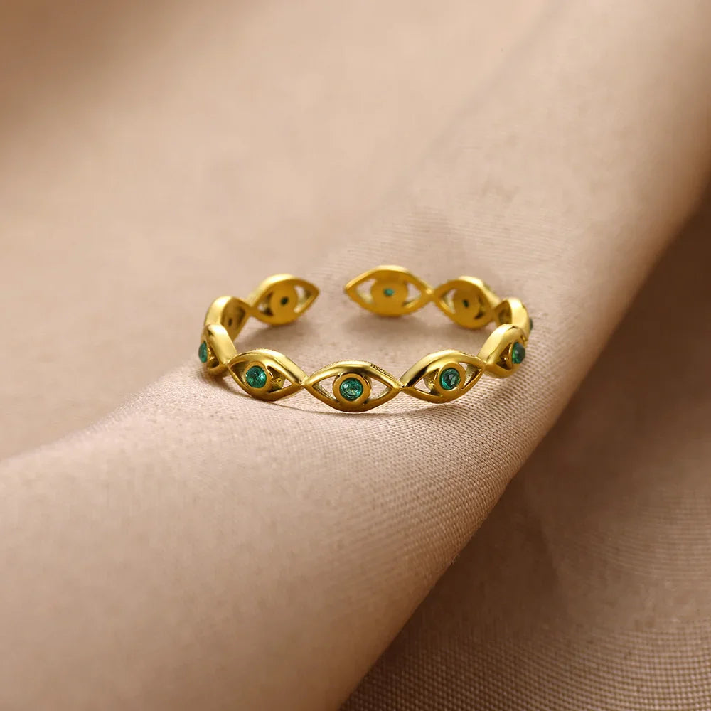 Green Zircon Evil Eye Rings For Women Stainless Steel Gold Color Geometric Open Ring New Wedding Waterproof Fashion Jewelry Gift Vera Lux