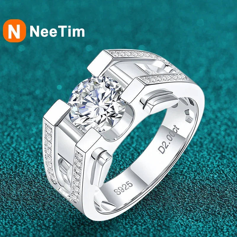 NeeTim 1ct 2ct Moissanite Ring For Men 925 Sterling Silver with White Gold Plated Wedding Band Man Rings Luxury Fine Jewelry Vera Lux