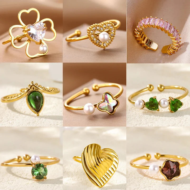 Stainless Steel Four Leaf Clover Rings For Women Gold Color Zircon Opening Couple Ring Aesthetic Wedding Bohemian Jewelry Gift Vera Lux