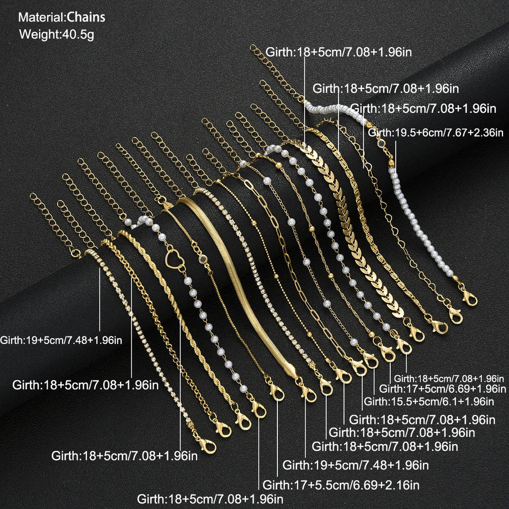 16pcs Minimalist Heart Pearl Rhinestone Snake Chain Bracelet Set for Women Elegant Gold Color Dates Vacations Daily Wear Jewelry Vera Lux