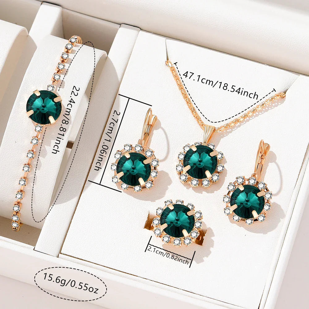 5 Piece Set Women Fashionable Temperament Circular Green Crystal Necklace Bracelet Earring Ring Combination Versatile Exquisite Vera Lux