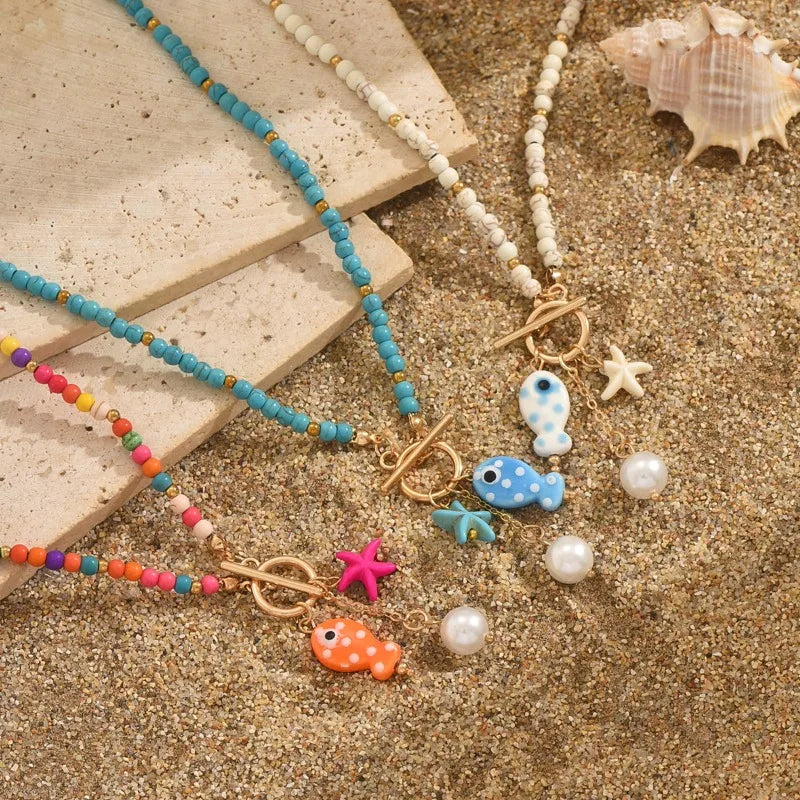 Bohemian Sea-Inspired Ceramic Fish & Starfish Pendant Necklace with 4mm Synthetic Turquoise Beads, Lightweight Beach Jewelry Vera Lux