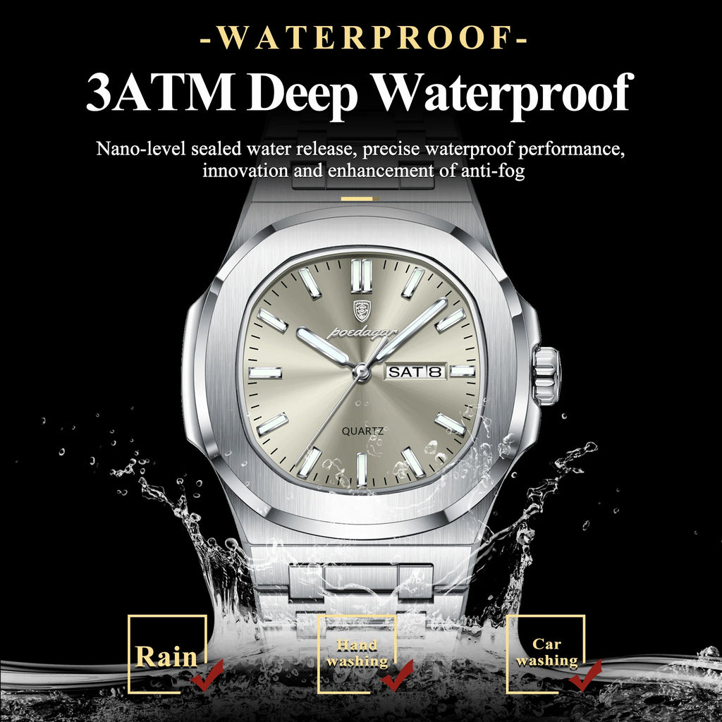 POEDAGAR Trendy Casual Wristwatch For Men Week Date Stainless Steel Man Watch Luminous Waterproof Luxury Quartz Men Watches+Box Vera Lux