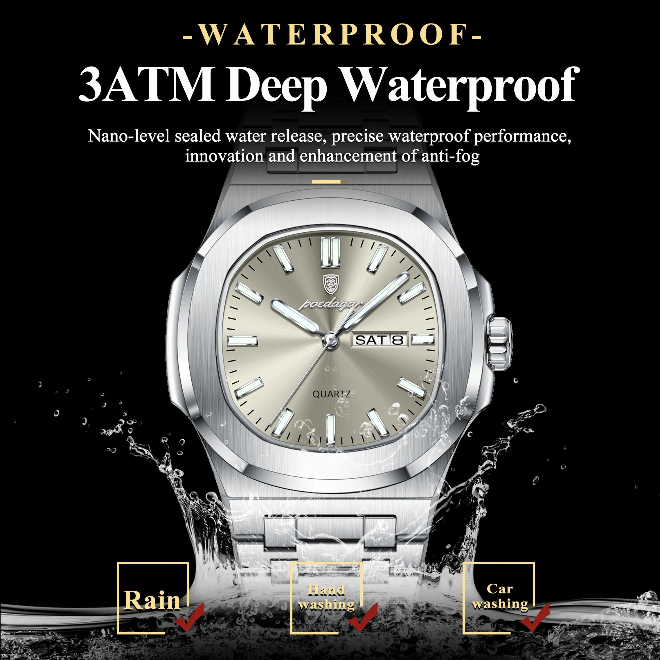 POEDAGAR Trendy Casual Wristwatch For Men Week Date Stainless Steel Man Watch Luminous Waterproof Luxury Quartz Men Watches+Box Vera Lux