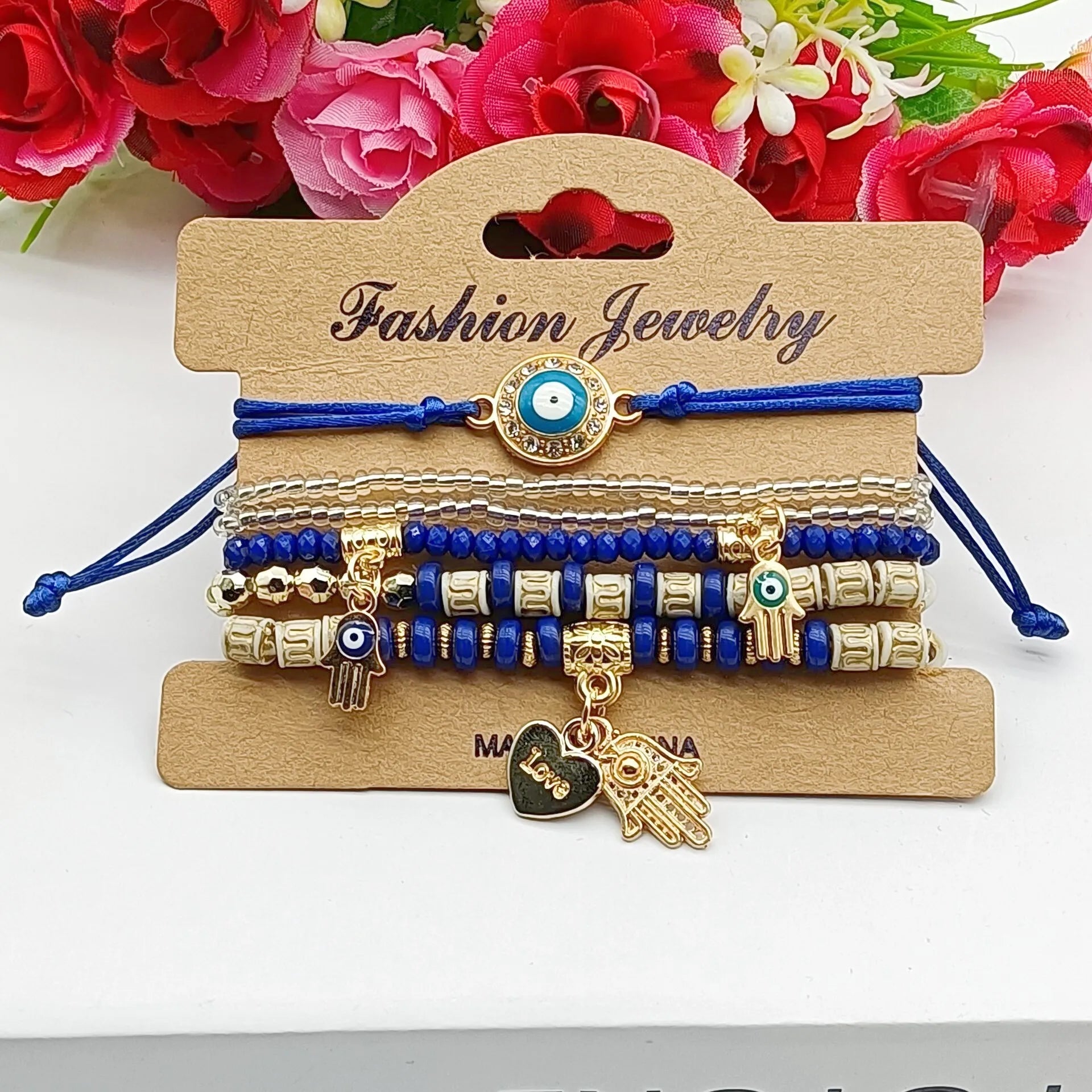 6Pcs Fatima Hand Evil Eye Bracelet Set For Women Heart Charm Beads Rope Chain Bangle Female Bohemian Handmade Jewelry Vera Lux