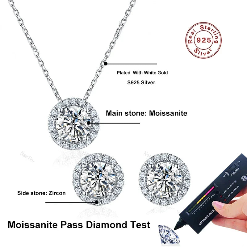 NeeTim 1ct D Color VVS1 Moissanite Jewelry Set 925 Silver with White Gold Plated Pendant Necklace Stud Earrings Sets for Women Vera Lux