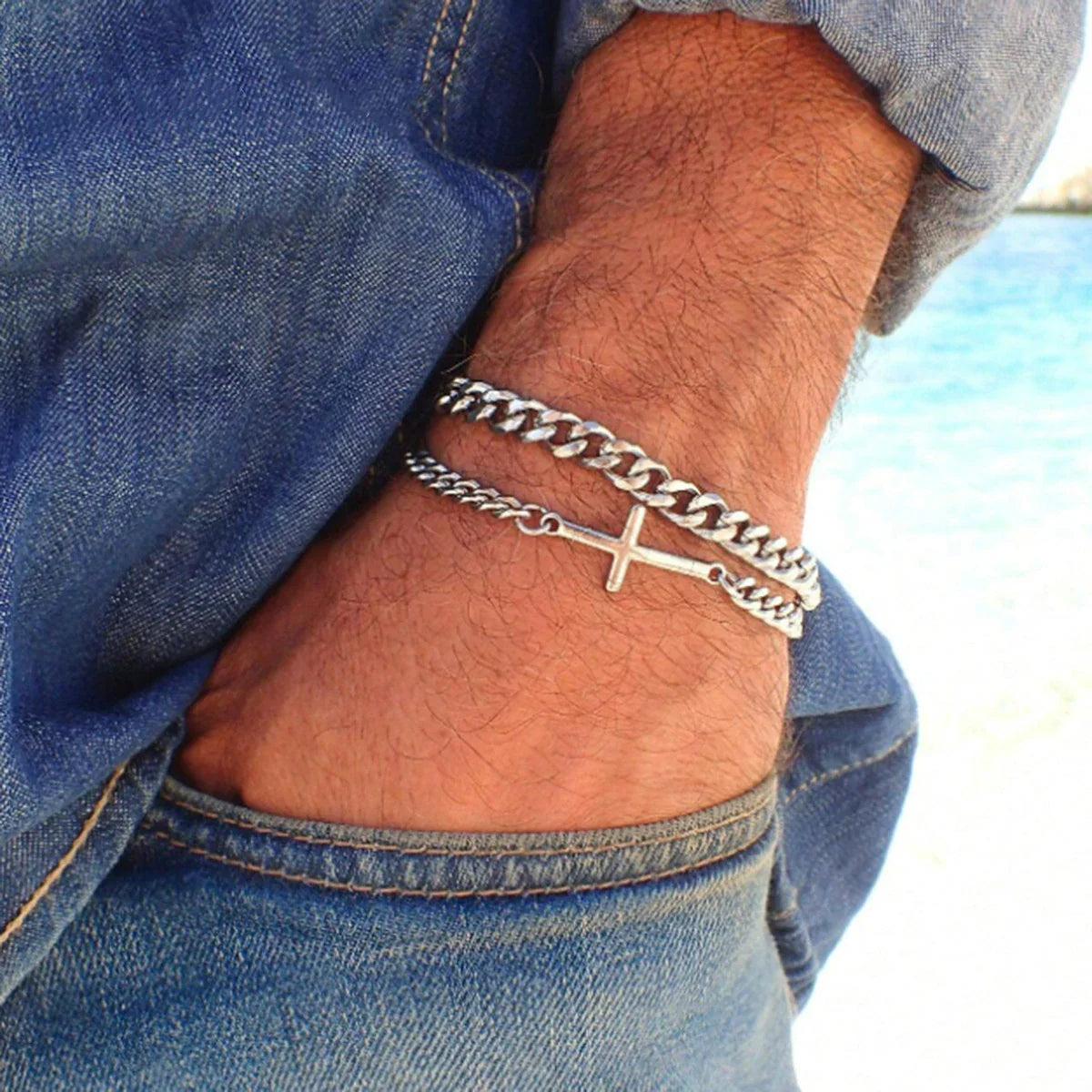 2024 New Stainless Steel Cross Cuban Chain Bracelet Set for Men Hip Hop Punk Snake Chain Bracelets Fashion Unisex Jewelry Gifts Vera Lux