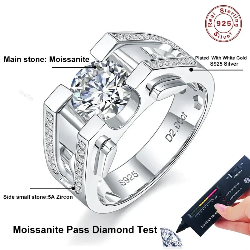 NeeTim 1ct 2ct Moissanite Ring For Men 925 Sterling Silver with White Gold Plated Wedding Band Man Rings Luxury Fine Jewelry Vera Lux